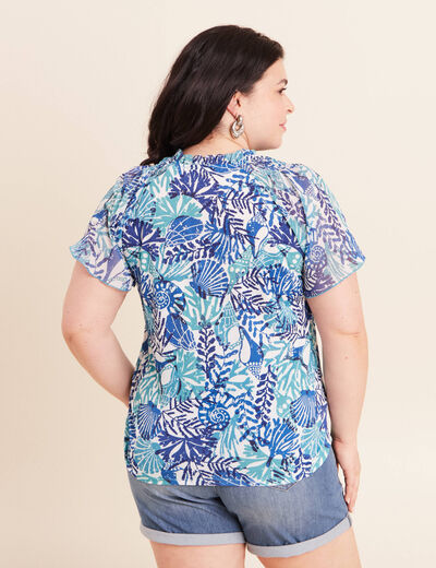 T-shirt col tunisien manches courtes bleu femme
