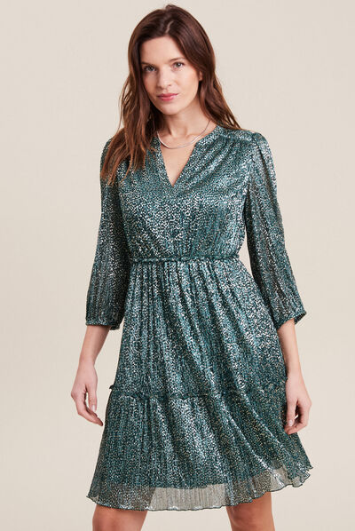 Robe évasée plissée vert foncé femme