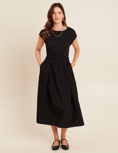 Robe longue évasée bi-matière noir femme