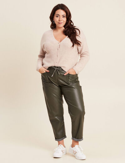 Pantalon paperbag simili cuir vert kaki femme