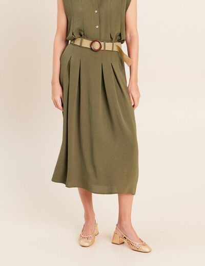 Jupe longue &eacute;vas&eacute;e ceintur&eacute;e vert kaki femme
