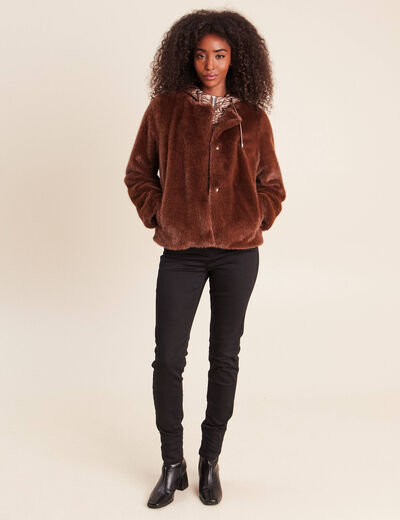 Manteau &agrave; capuche fausse fourrure marron fonc&eacute; femme