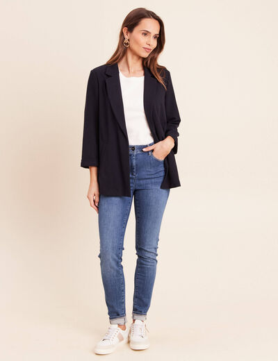 Veste longue droite col tailleur bleu fonc&eacute; femme