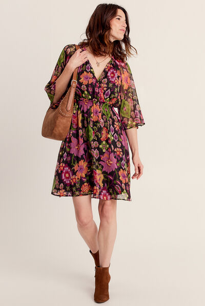 Robe évasée manches 3/4 noir femme