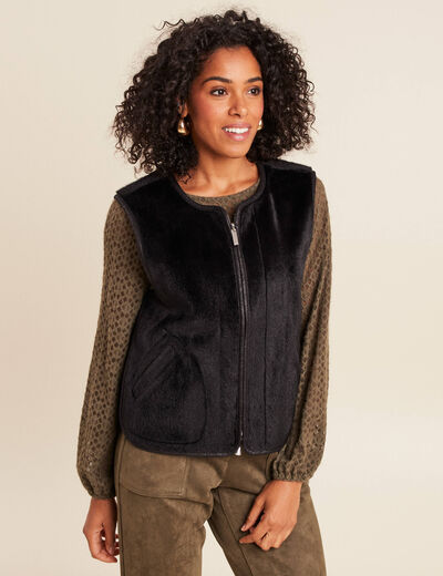 Veste sans manches sans col marron fonc&eacute; noir femme