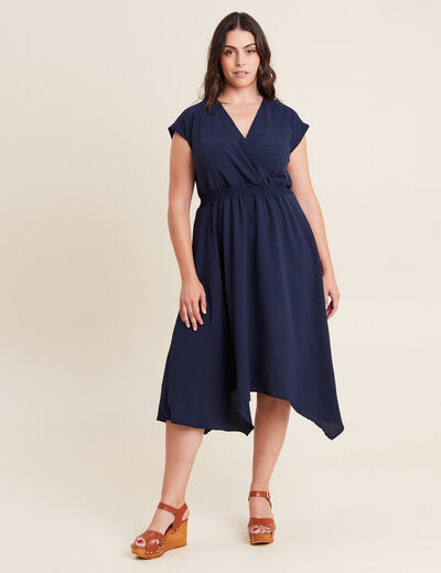 Robe évasée taille smockée bleu marine femme