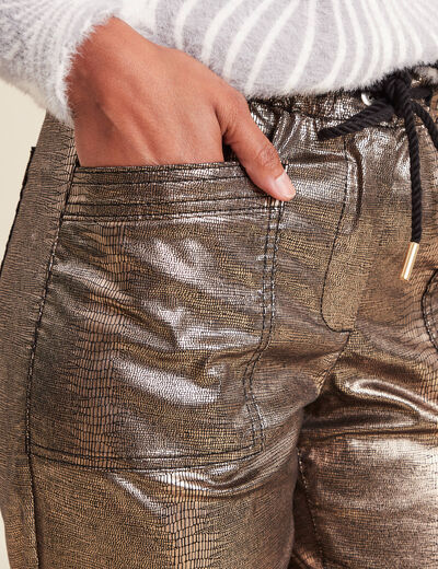 Pantalon paperbag enduit gris femme