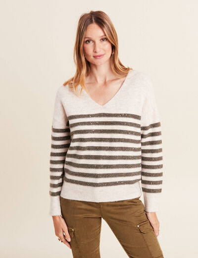 Pull manches longues sequins ecru femme