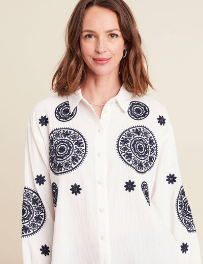 chemise en coton brodée manches longues ecru femme