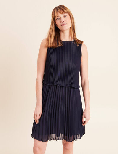 Robe pliss&eacute;e sans manches col rond bleu marine femme