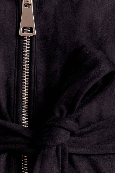 Manteau cintré suédine capuche noir femme
