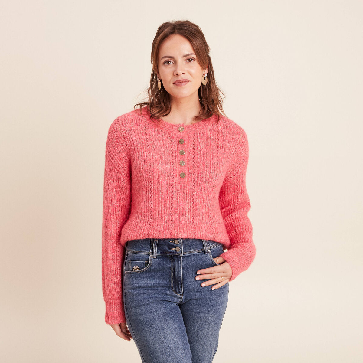 Pull col tunisien manches longues rose femme