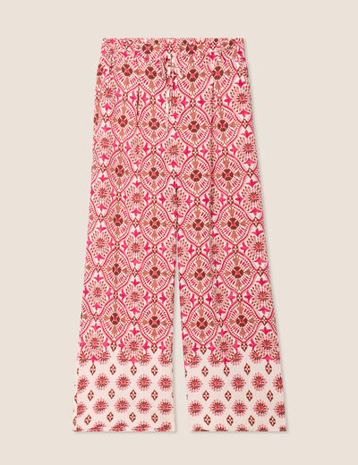 Pantalon large taille haute rose femme