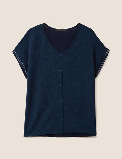 Blouse col v manches courtes bleu foncé femme