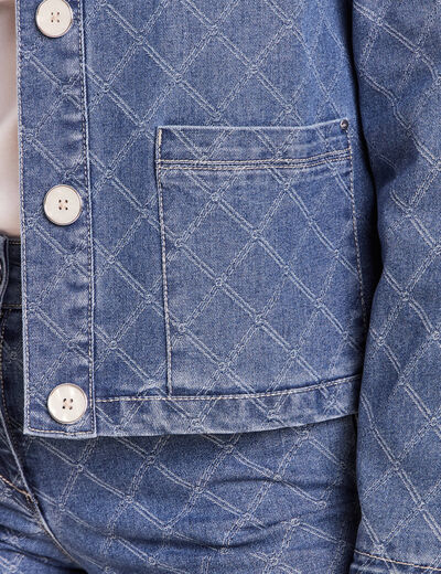 Veste courte droite en jean doubl&eacute;e denim stone femme
