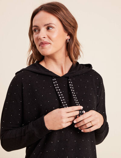 Sweat &agrave; capuche manches longues strass noir femme
