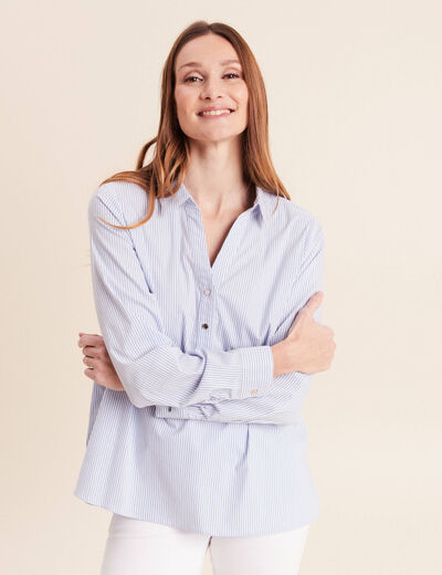 Blouse ample col chemise manches longues bleu femme