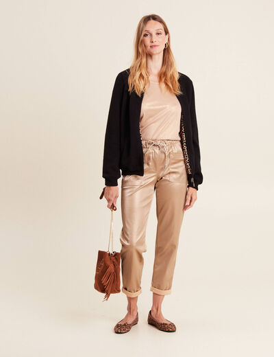 Pantalon paperbag simili cuir couleur or femme
