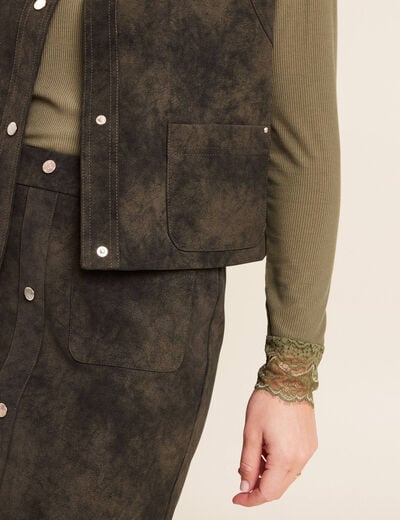 Veste sans manches aspect daim doubl&eacute;e vert kaki femme