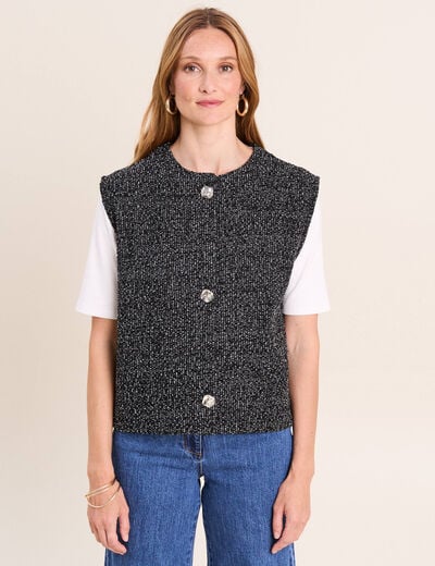 Gilet tweed droit court sans manches noir femme