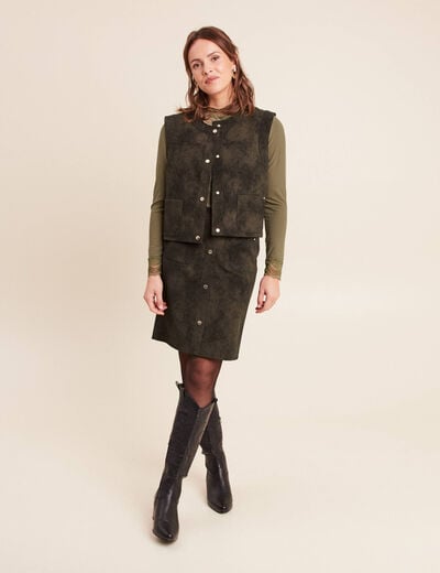 Jupe droite courte en similicuir vert kaki femme