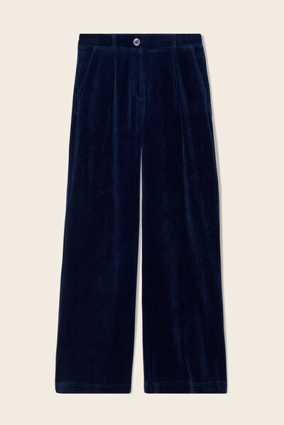 Pantalon large velours bleu marine femme