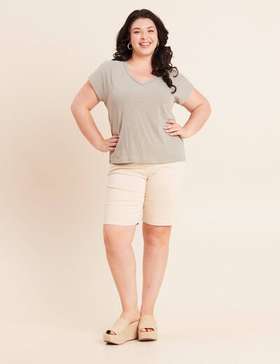 T-shirt col v manches courtes aspect lin vert clair femme