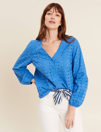 Chemise manches 3/4 brodée bleu femme