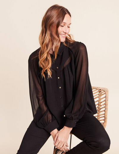 Chemise ample voile doubl&eacute;e col chemise noir femme