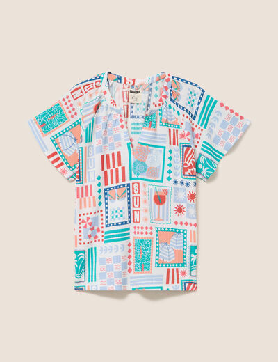 Blouse col tunisien manches courtes bleu femme