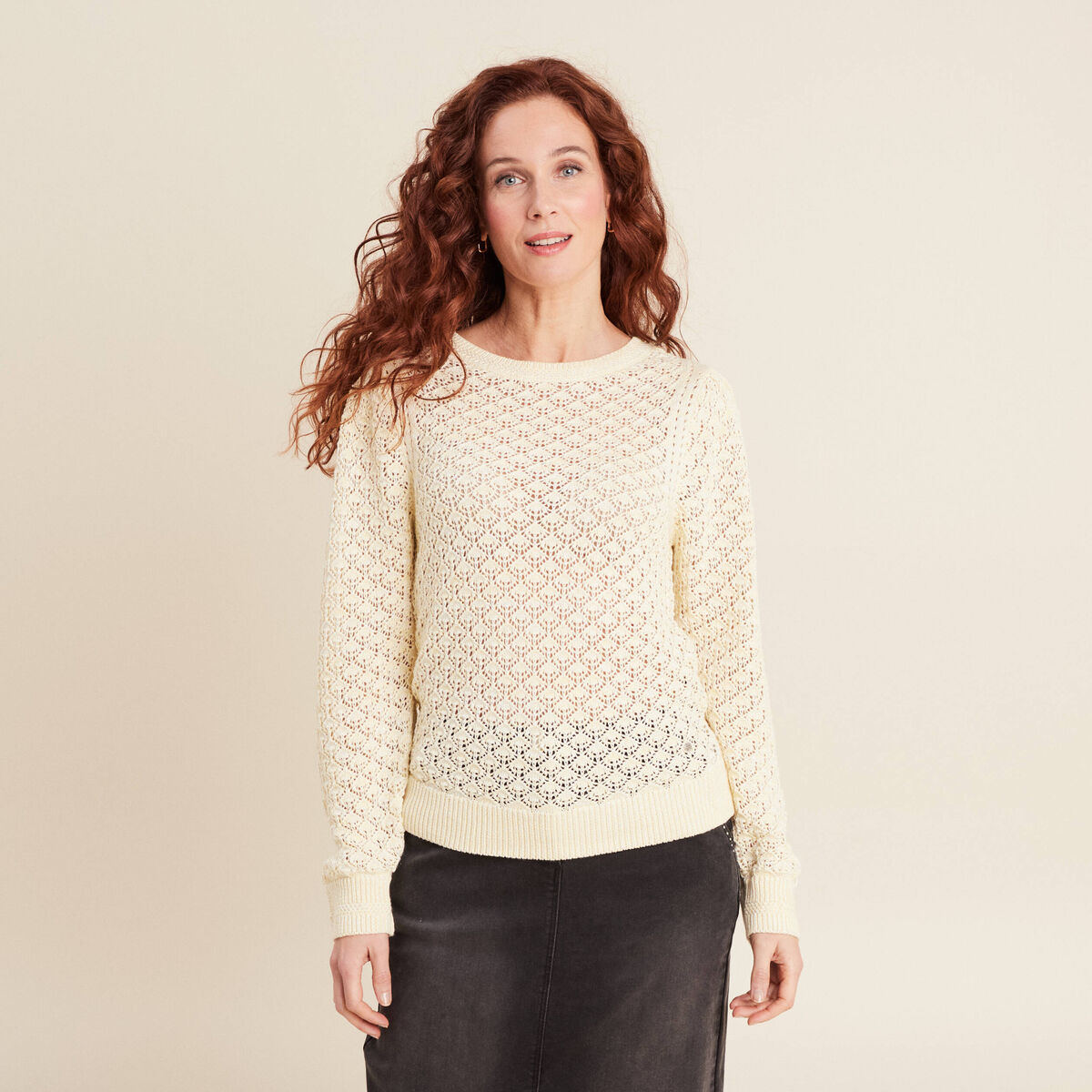 Pull manches longues ajouré jaune clair femme