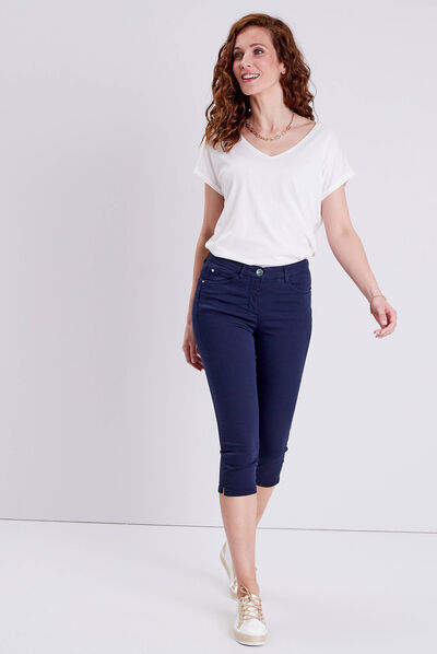Pantacourt droit taille standard bleu marine femme