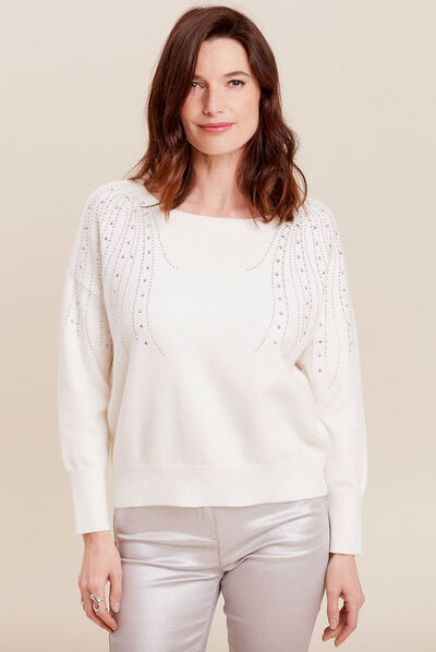 Pull manches longues strass ecru femme