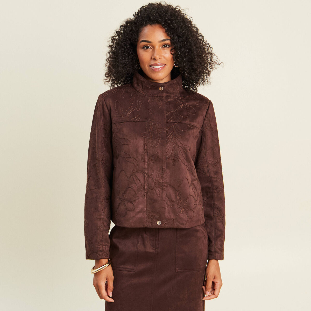 Veste col montant doubl&eacute;e marron fonc&eacute; femme