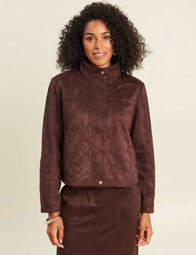 Veste col montant doubl&eacute;e marron fonc&eacute; femme