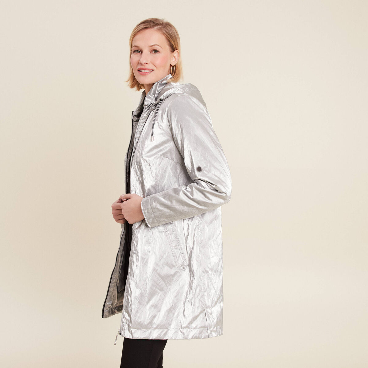 Parka métallisée à capuche gris argent femme