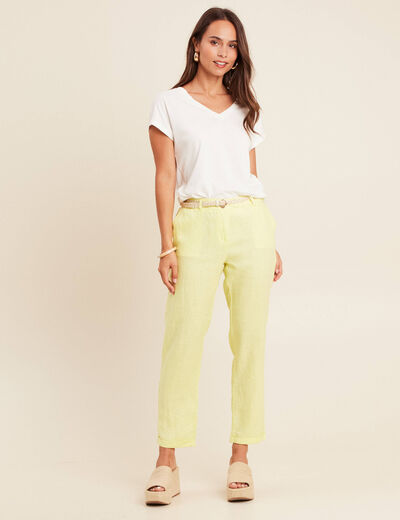 Pantalon flou ceinturé jaune clair femme