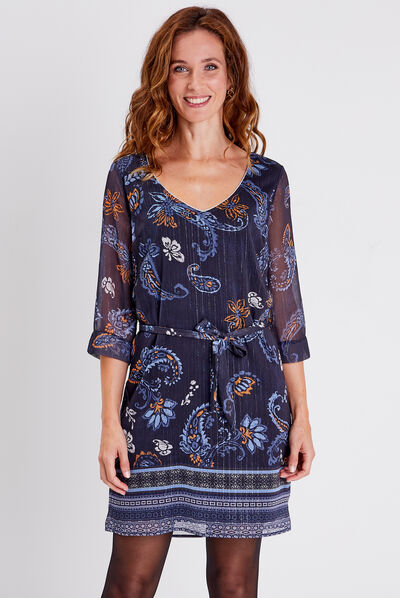 Robe droite manches 3/4 gris femme
