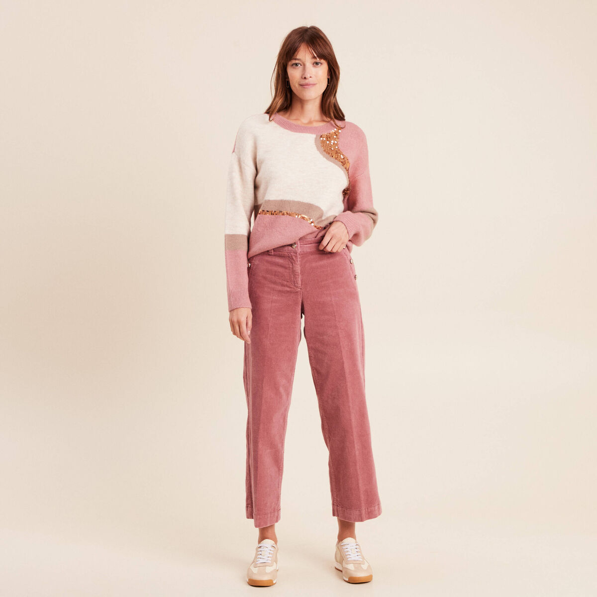 Pull col rond manches longues &agrave; sequins taupe femme