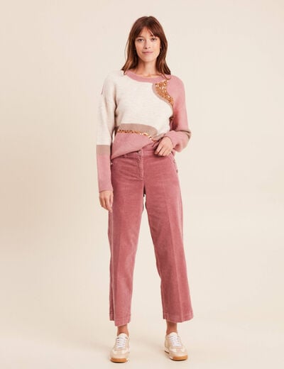 Pull col rond manches longues &agrave; sequins taupe femme
