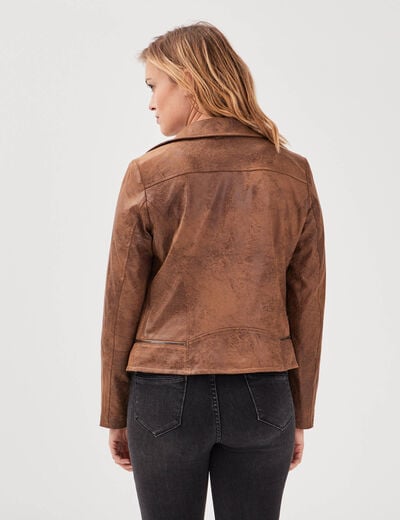 Veste esprit motard zipp&eacute;e marron fonc&eacute; femme