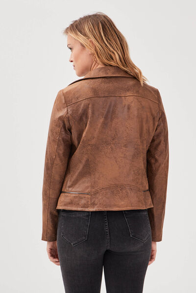 Veste esprit motard zippée marron foncé femme