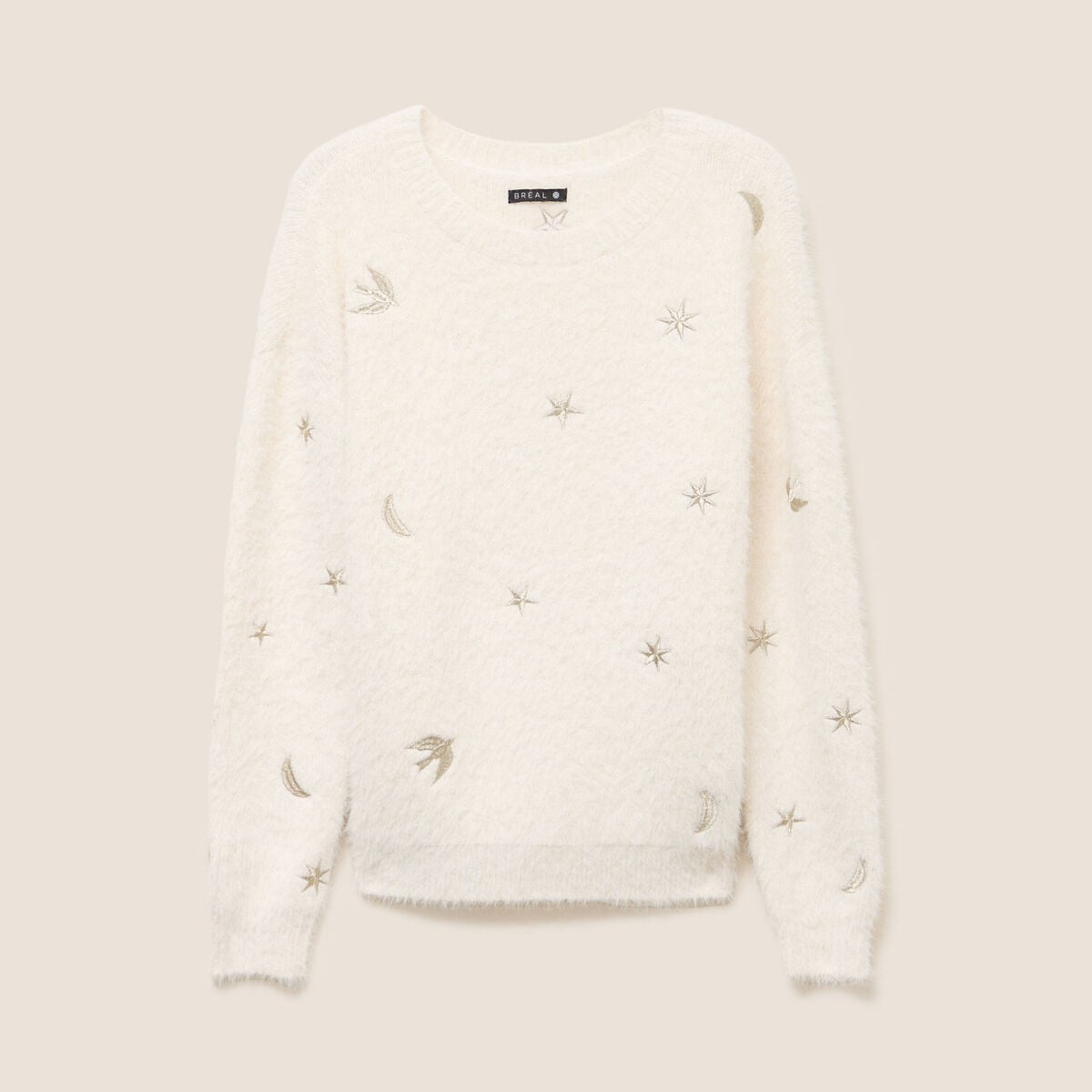 Pull brod&eacute; manches longues ecru femme