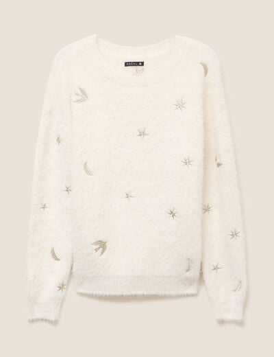 Pull brod&eacute; manches longues ecru femme