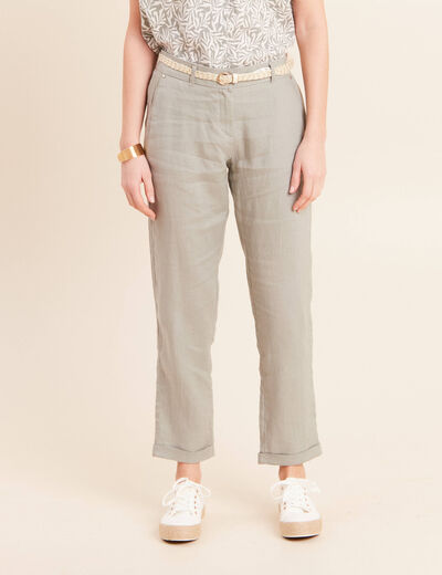 Pantalon coupe chino en lin ceintur&eacute; vert clair femme