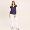 Pull droit sans manches &agrave; capuche bleu marine femme