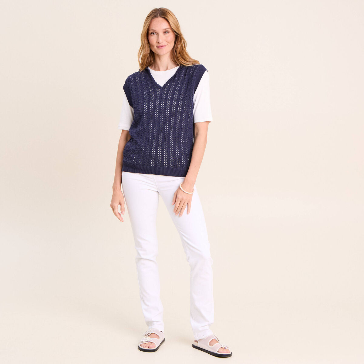 Pull droit sans manches &agrave; capuche bleu marine femme