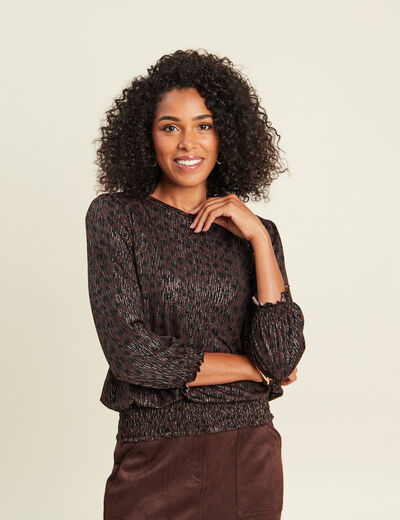 T-shirt col rond manches 3/4 marron fonc&eacute; femme