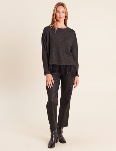 Pull col rond manches longues dentelle gris fonc&eacute; femme