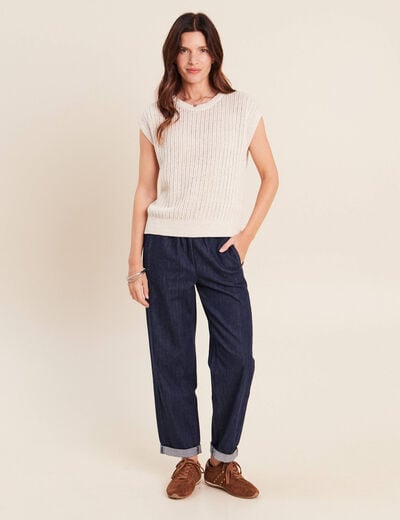 Pull ajour&eacute; col rond ecru femme